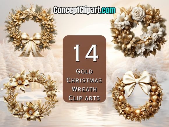 14 Gold Christmas Wreaths: Festive Illustrations