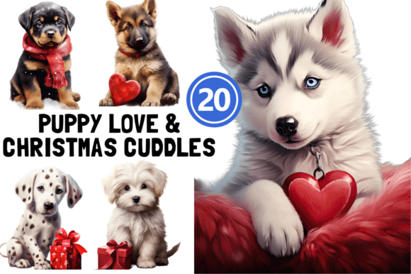 20 Puppy Love Christmas Cuddles Illustrations