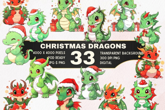 33 Festive Christmas Dragon Clipart Set Illustrations