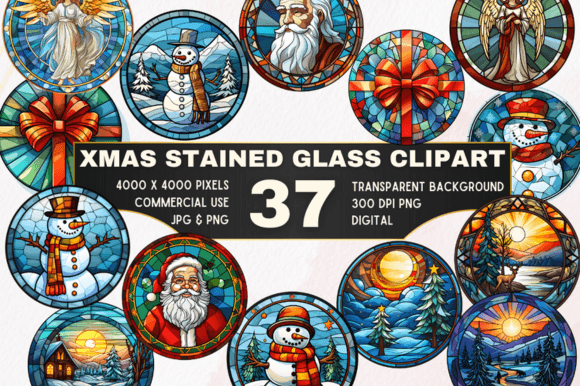 37 Christmas Stained Glass Clipart Set: Illustrations