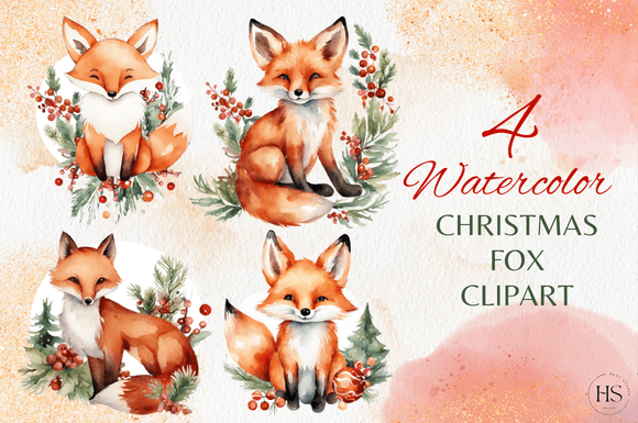 4 Watercolor Christmas Fox Clipart Set Review