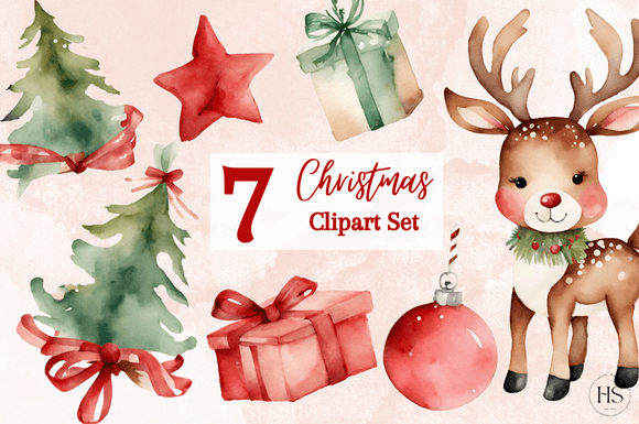 7 Watercolor Christmas Reindeer Clipart for Illustrations
