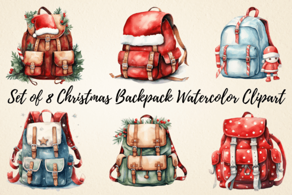 Christmas Backpack Watercolor Clipart for Illustrations