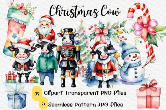 Christmas Cow Watercolor Sublimation & Illustrations