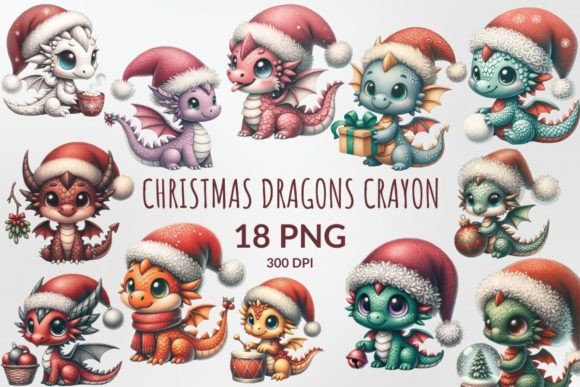 Christmas Dragons Crayon Sublimation Illustrations