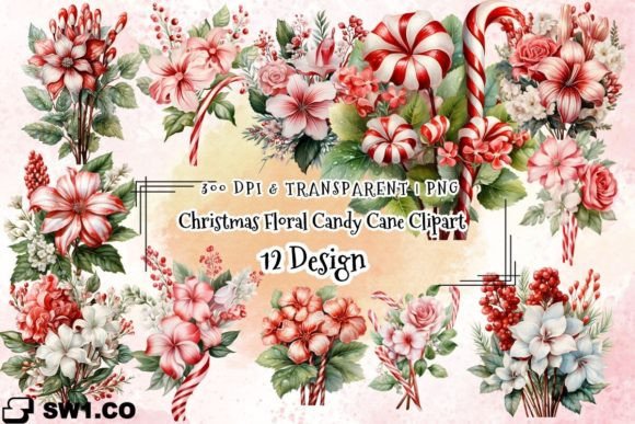 Christmas Floral Candy Cane Clipart: Editorial Illustrations