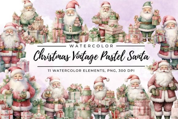Christmas Vintage Pastel Santa Clipart & Illustrations