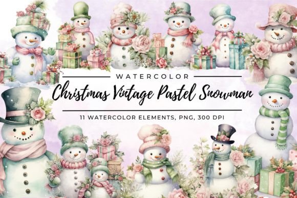 Christmas Vintage Pastel Snowman Clipart Illustrations