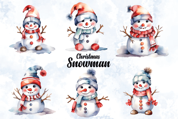 Christmas Watercolor Snowman Clipart & Illustrations
