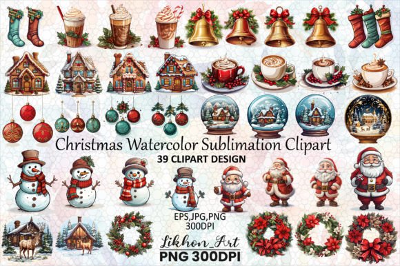 Christmas Watercolor Sublimation Clipart: Illustrations