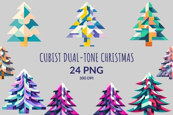 Cubist Dual-Tone Tree Clipart: Modern Illustrations