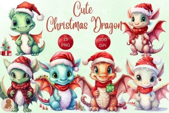 Cute Christmas Dragon Watercolor Bundle Illustrations