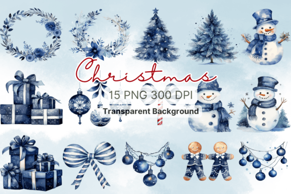 Navy Blue Christmas Watercolor Clipart & Illustrations