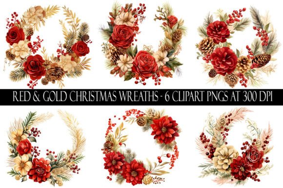 Red and Gold Christmas Wreath Clipart: Illustrations
