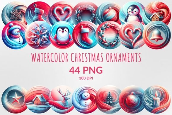Red-Blue Watercolor Christmas Ornaments Illustrations