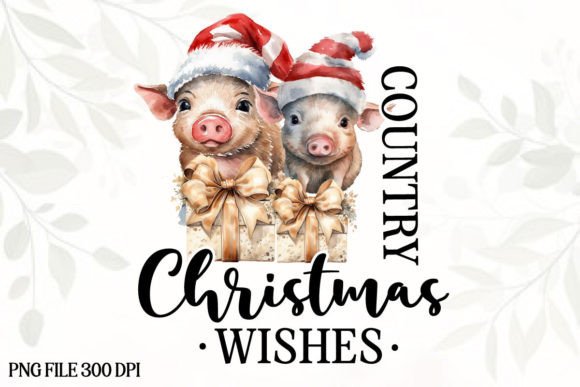 Vintage Christmas Farm Pig Sublimation Illustrations