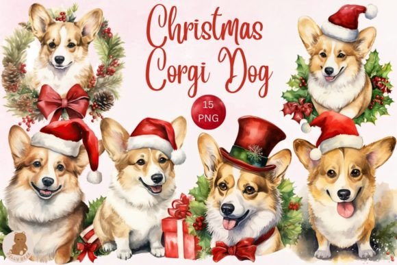 Watercolor Bundle Christmas Corgi Dog Illustrations