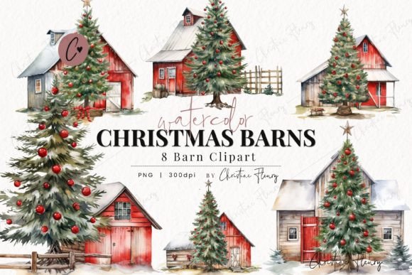 Watercolor Christmas Barn Clipart & Illustrations