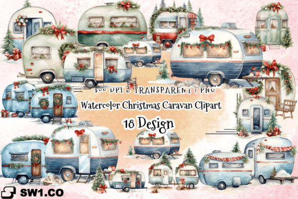 Watercolor Christmas Caravan Clipart PNG for Illustrations