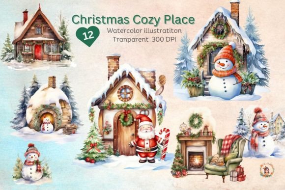 Watercolor Christmas Cozy Place Clipart & Illustrations