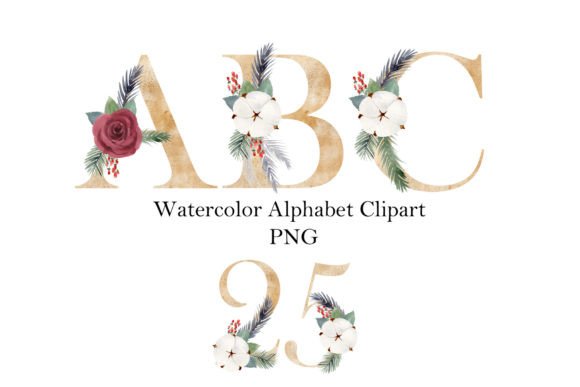 Watercolor Christmas Gold Alphabet Illustrations