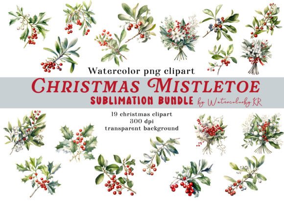 Watercolor Christmas Mistletoe Bundle Illustrations