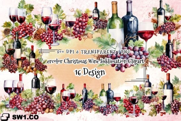 Watercolor Christmas Wine Sublimation Illustrations