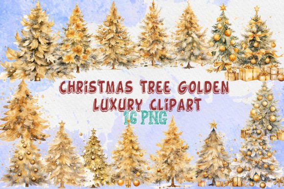 Watercolor Golden Christmas Tree Clipart: Illustrations for Branding
