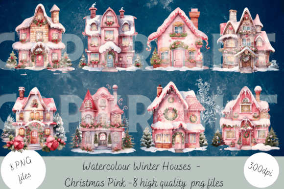 Watercolour Christmas Houses - Pink Illustrations